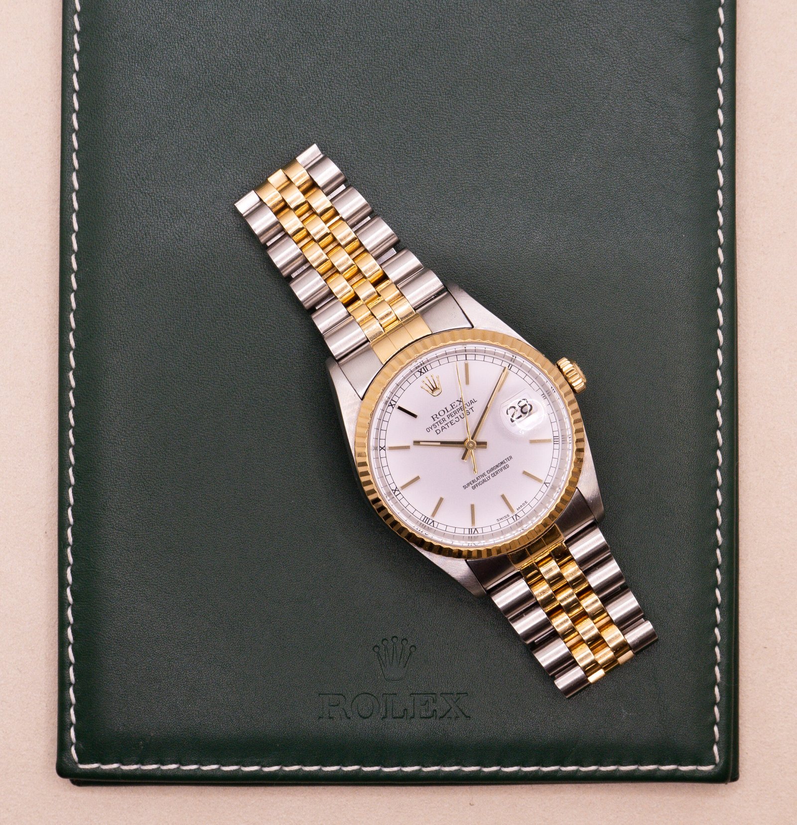 Rolex Datejust 36 White Stick Dial Steel Yellow Gold 16233