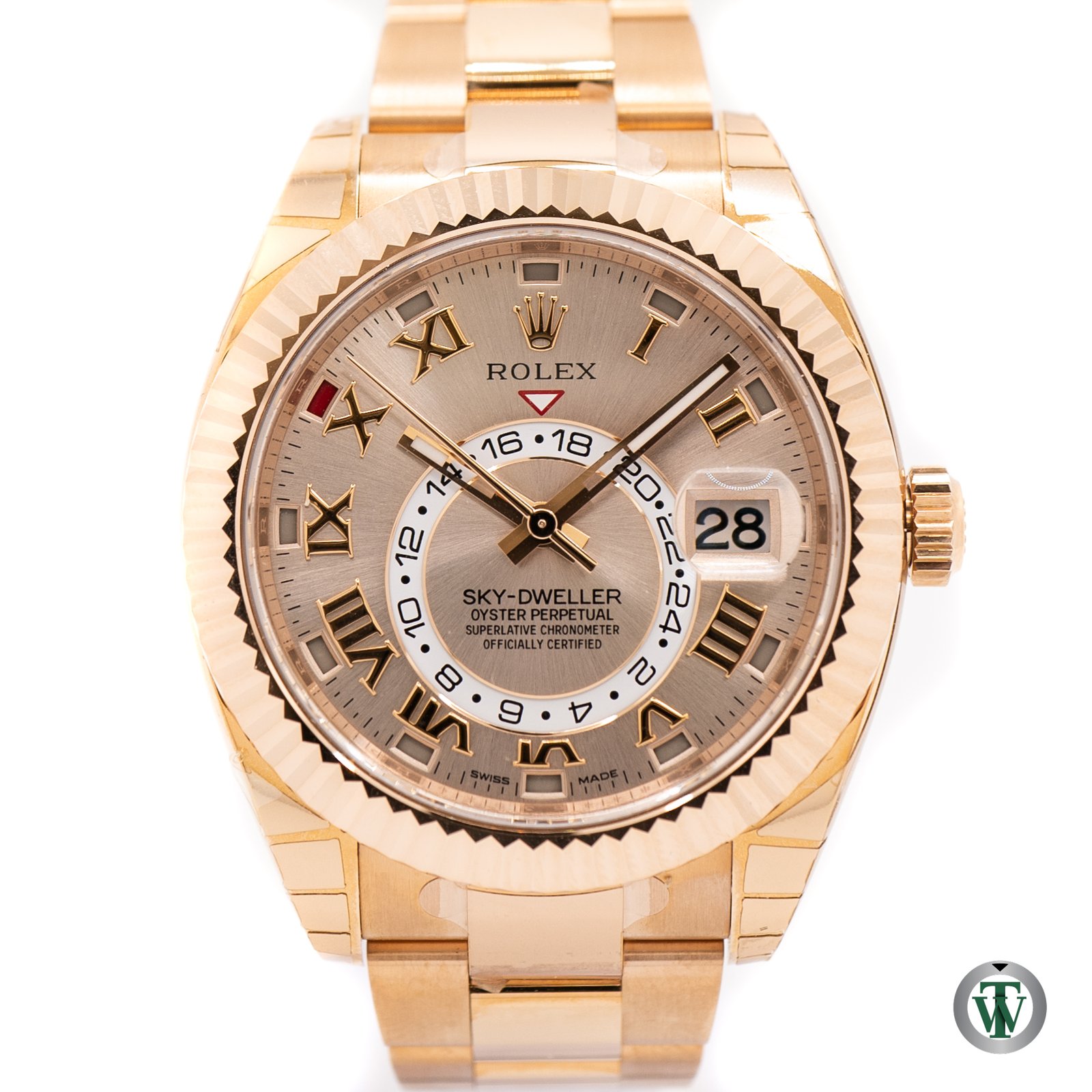 Rolex Sky-Dweller 326935 Rose Gold Sundust Sunray Roman Dial Never Worn