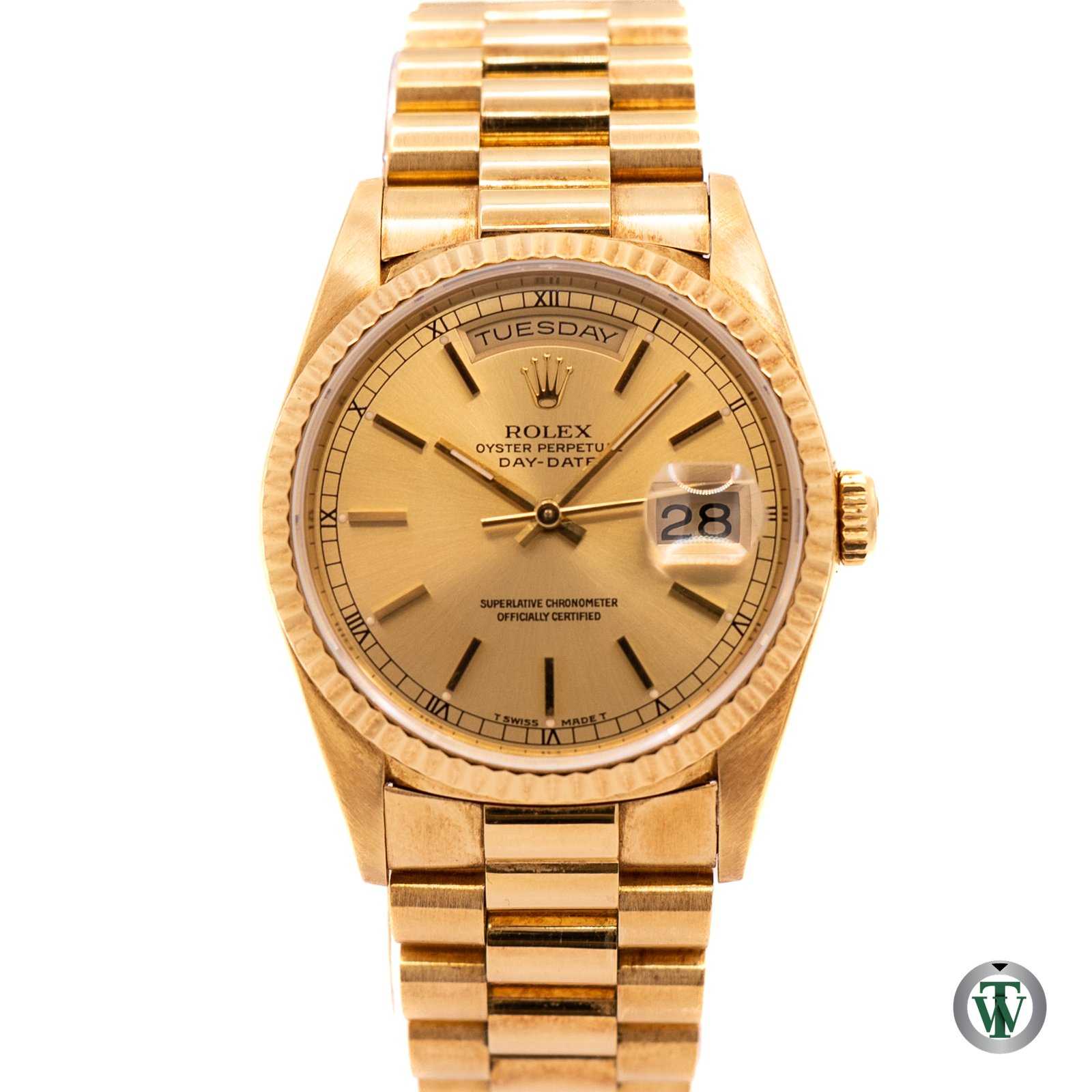 Rolex Day Date 36 Yellow Gold Champagne Stick Dial 18238