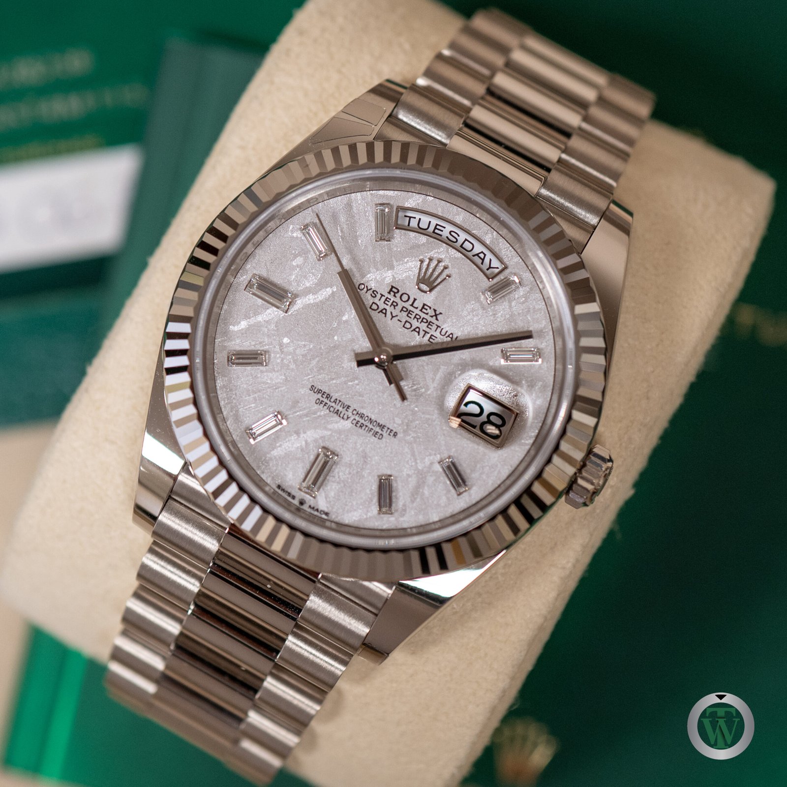 Rolex Day Date 40 White Gold Meteorite Baguette Diamond Dial 228239 2023