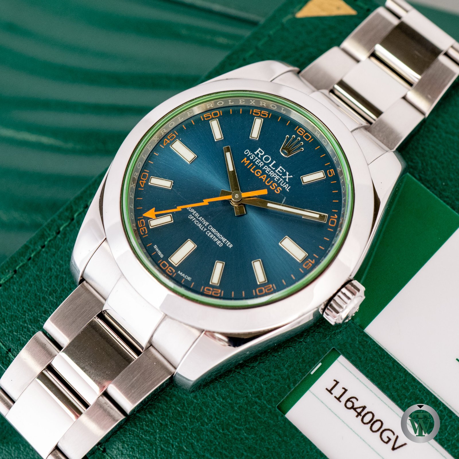 Rolex Milgauss 116400 GV Blue Dial Green Crystal 2014